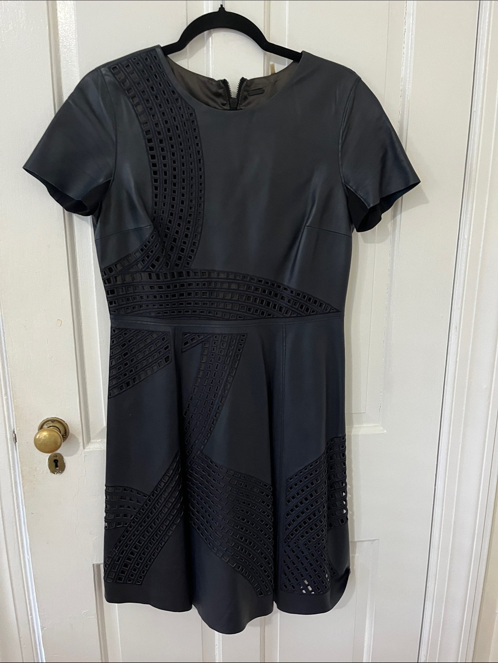 Elie Tahari Black Mini Dress Lamb Leather with Laser-Cut Paneling